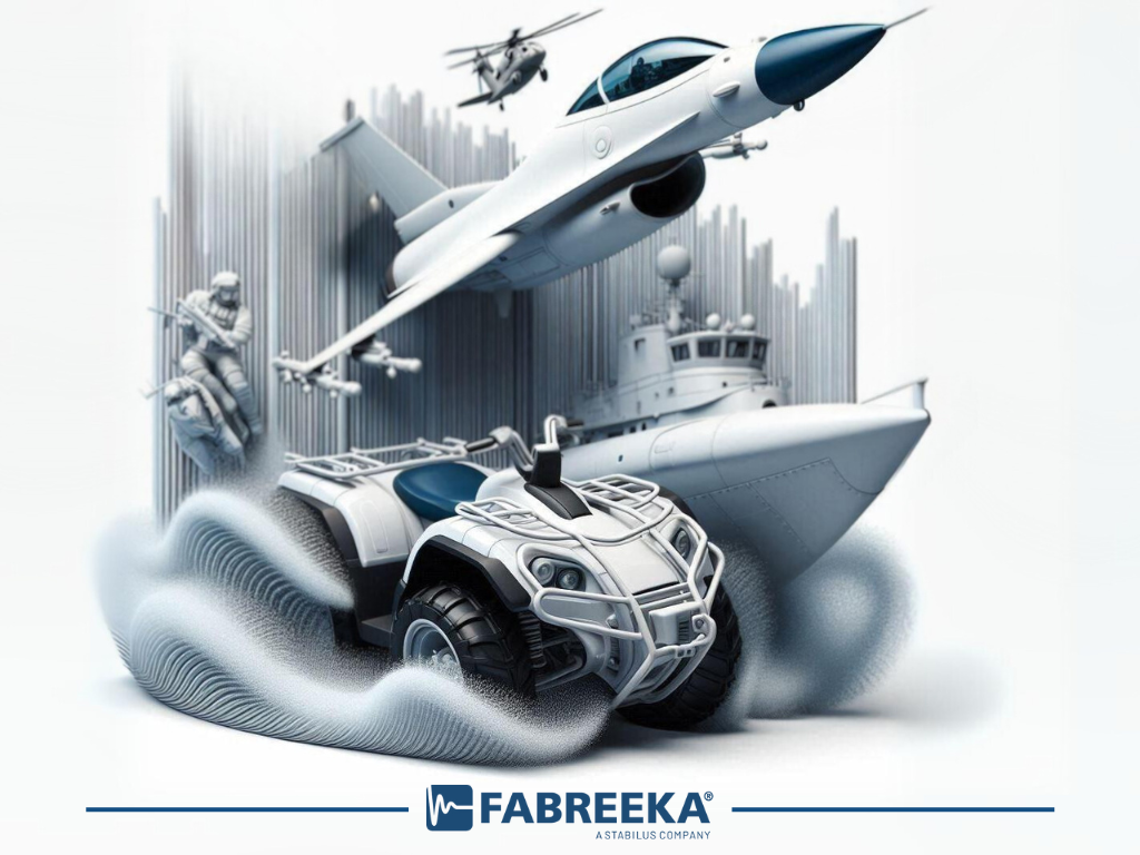A 3d render of a military ATV, navy vessel, and fighter jet with vibration coming from the machines.