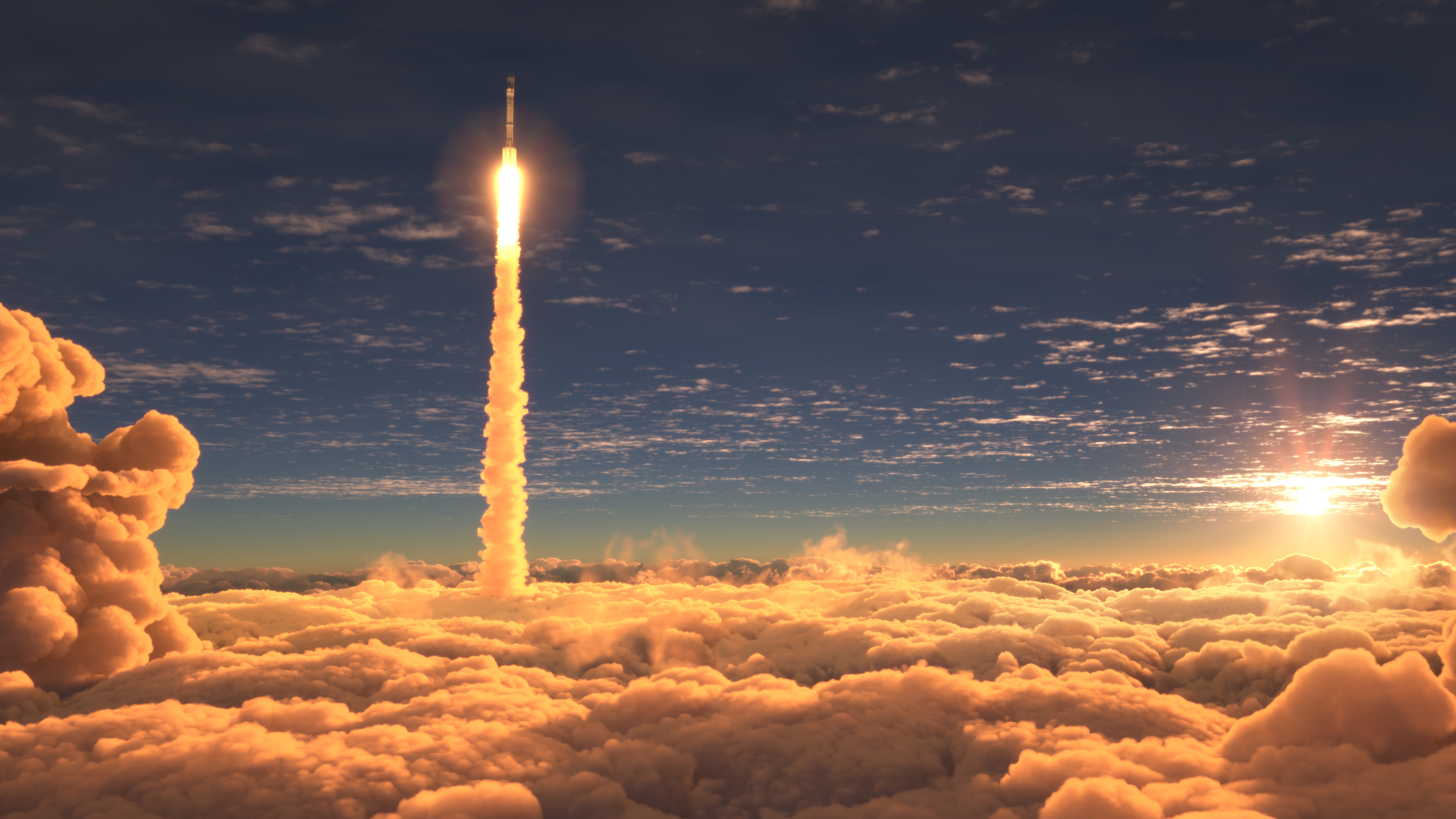 Rocket ship blasting off through clouds