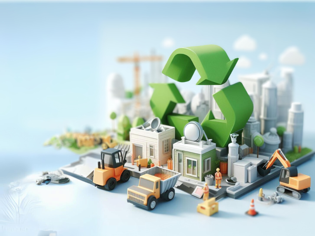 3D rendering of a construction site with a sustainability symbol front and center